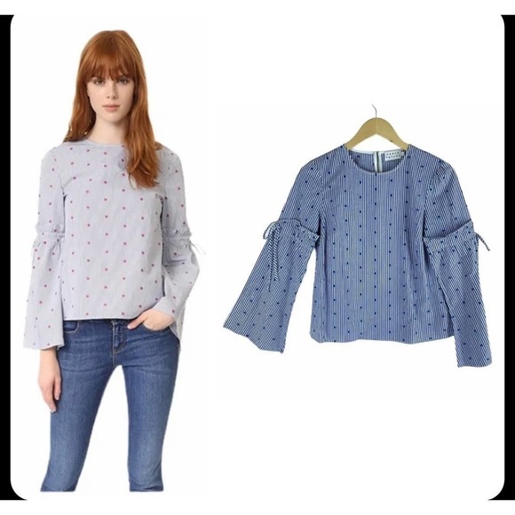 Tanya Taylor bell sleeve striped polka dot top women’s size 4 blue/white - Picture 1 of 9